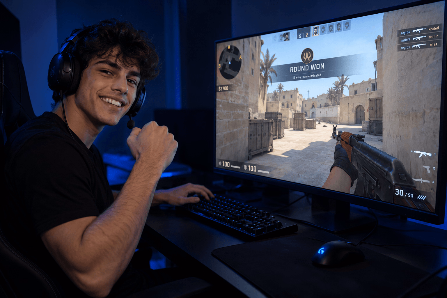 CS2 cheat user wearing headphones smiles at the camera as his monitor shows a round victory.